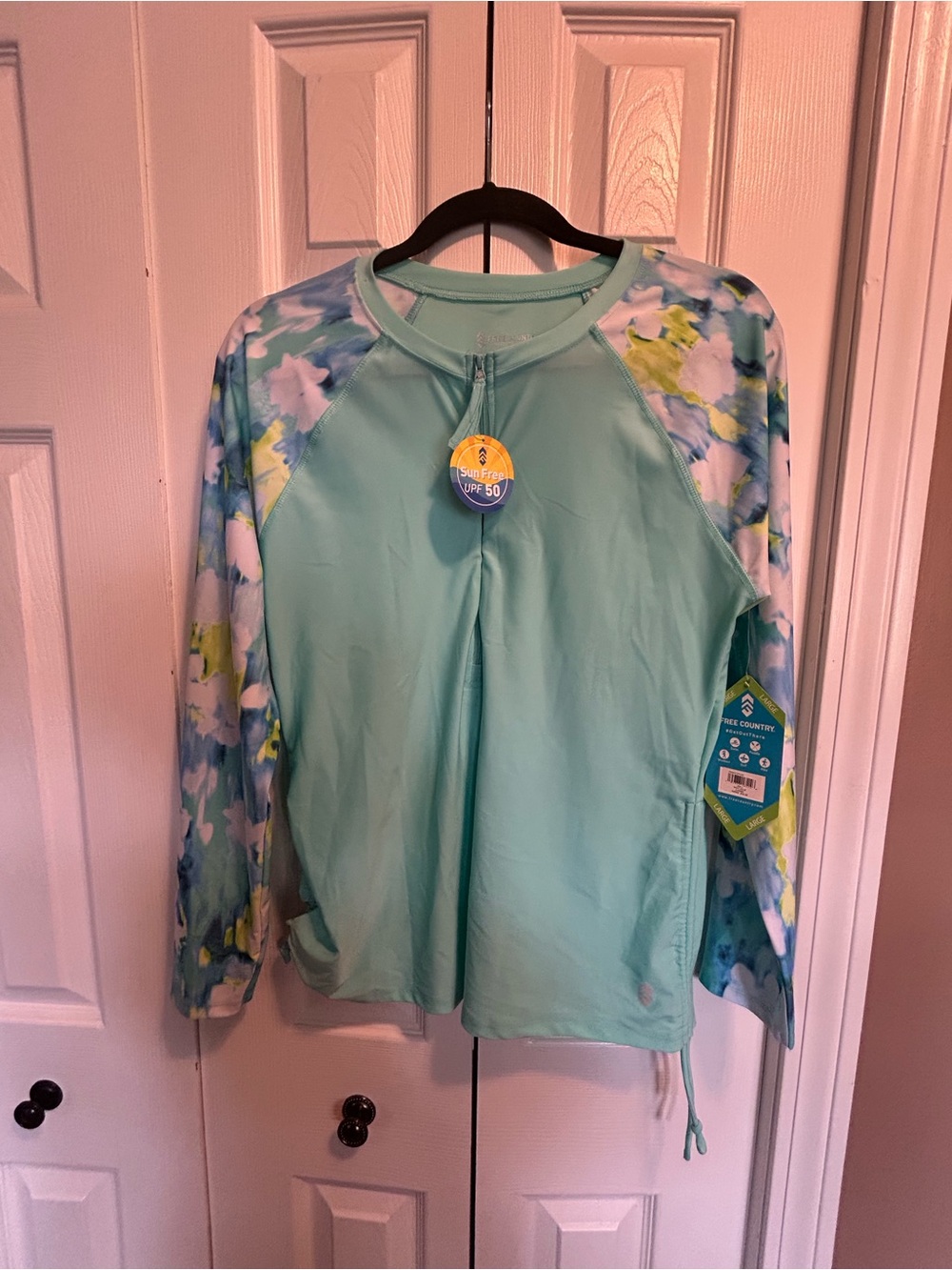 Free Country Long Sleeve Swim Top - Aqua with Patterned Sleeves